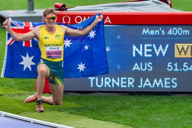Sport Themen der Woche KW36 2024-09-03 Para Athletics - Paris 2024 Summer Paralympic Games - Day 6 PARIS, FRANCE - SEPTEMBER 3: James Turner of Australia celebrates his new world record with flag after competing in the Men s 400m T36 - Final during Day 6 of Para Athletics - Paris 2024 Summer Paralympic Games at Stade de France on September 3, 2024 in Paris, France. (Photo by Joris Verwijst BSR Agency) Paris France Content not available for redistribution in The Netherlands directly or indirectly through any third parties. Copyright: xBSRxAgencyx