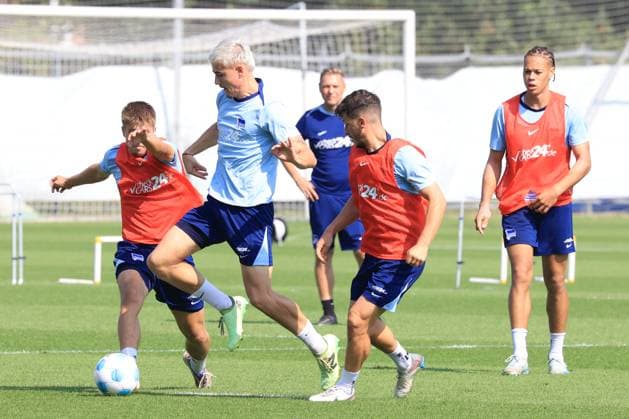 DEU, DFL, 2. FBL Hertha BSC, Training, 03.09.2024, Sportforum, Berlin, DEU, DFL, 2. FBL Hertha BSC, Training, im Bild Marten Winkler (Hertha BSC Berlin 22), Gustav Christensen (Hertha BSC Berlin 26), Diego Demme (Hertha BSC Berlin 6), Derry Scherhant (Hertha BSC Berlin 39) DFL - regulations prohibit any use of Photographs as image sequences and or quasi-video Foto: Juergen Engler nordphoto GmbH
