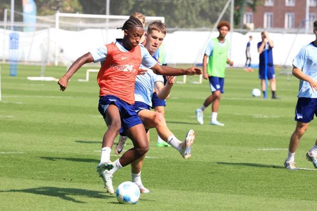 DEU, DFL, 2. FBL Hertha BSC, Training, 03.09.2024, Sportforum, Berlin, DEU, DFL, 2. FBL Hertha BSC, Training, im Bild Bradley Ibrahim (Hertha BSC Berlin 23), Michael Cuisance (Hertha BSC Berlin 27) DFL - regulations prohibit any use of Photographs as image sequences and or quasi-video Foto: Juergen Engler nordphoto GmbH