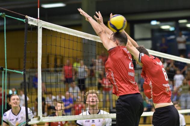 Moritz Rauber (TV Rottenburg, 02) und Maik Trautmann (TV Rottenburg, 06) im Block TV Rottenburg - Barock Volleys MTV Ludwigsburg, Volleyball, Testspiel, 03.09.2024, TV Rottenburg - Barock Volleys MTV Ludwigsburg, Volleyball, Testspiel, 03.09.2024 Rottenburg Copyright: xEibner-Pressefoto RalphxKunzex EP_RKE