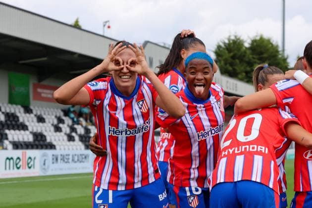 Borenhamwood, London, England, 4th September 2024: Fiamma Benitez (21 Atletico Madrid) celebrates scoring during the UEFA Champions League Round 1 match between Atlectio Madrid and Rosenborg BK Kvinner on Wednesday 4th September 2024 at Meadow Park Stadium, Borenhamwood, London, England. (Claire Jeffrey SPP) Copyright: xClairexJeffrey SPPx spp-en-ClJe-CJ-SPP-FOOTBALL-ATLvROS022
