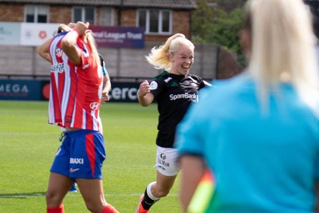 Atletico de Madrid Femenino and Rosenborg Kvinner - UEFA Women™s Champions League Qualifying LONDON, ENGLAND - SEPTEMBER 4: Andrea Medina of Atletico de Madrid Femenino, Beate Marcussen of Rosenborg Kvinner during the UEFA Women™s Champions League Qualifying match between Atletico de Madrid Femenino and Rosenborg Kvinner at Borehamwood on September 4, 2024 in London, England Copyright: xNinaxFarooqix