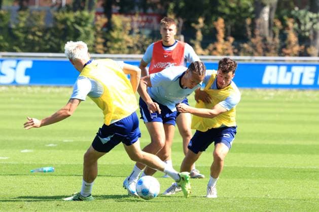 DEU, DFL, 2. FBL Hertha BSC, Training, 05.09.2024, Sportforum, Berlin, DEU, DFL, 2. FBL Hertha BSC, Training, im Bild Derry Scherhant (Hertha BSC Berlin 39), Diego Demme (Hertha BSC Berlin 6), Marten Winkler (Hertha BSC Berlin 22) DFL - regulations prohibit any use of Photographs as image sequences and or quasi-video Foto: Juergen Engler nordphoto GmbH