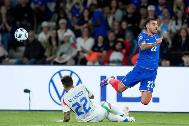 Theo Hernandez (France) and Giovanni Di Lorenzo (Italy) battle for the ball, UEFA Nations League 2024 2025 League A - Group 2, France v Italy, Parc des Princes, September 6, 2024, Paris, France.