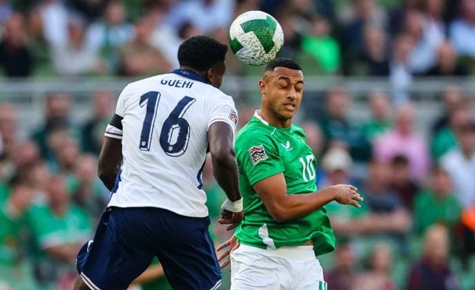 UEFA Nations League Group B2, Aviva Stadium, Dublin 7 9 2024 Republic of Ireland vs England Ireland s Adam Idah and Marc GuÃ Adam Idah and Marc GuÃ hi 7 9 2024  Copyright: x INPHO JamesxCrombiex JRY12713