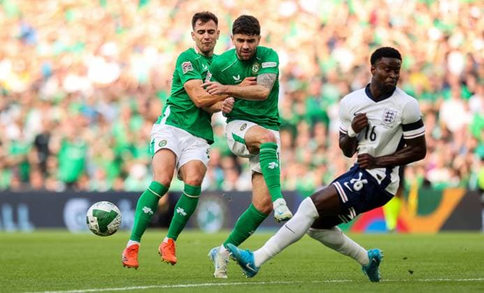 UEFA Nations League Group B2, Aviva Stadium, Dublin 7 9 2024 Republic of Ireland vs England Ireland s Jayson Molumby and Robbie Brady with Marc GuÃ Jayson Molumby and Robbie Brady with Marc GuÃ hi 7 9 2024  Copyright: x INPHO RyanxByrnex RB1_0569