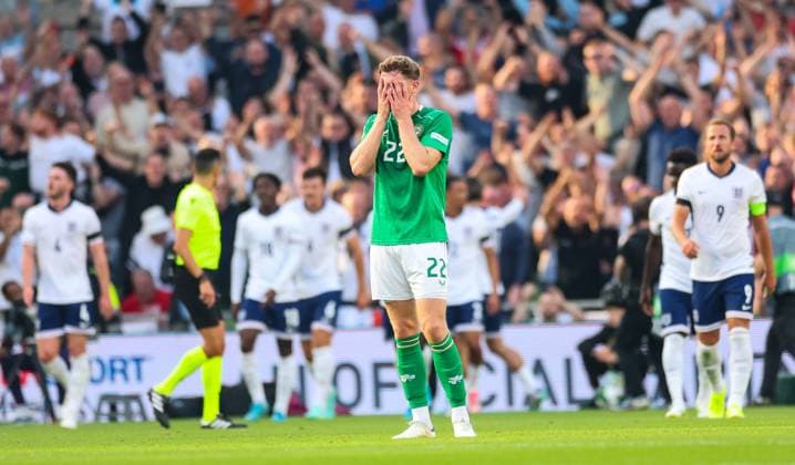 UEFA Nations League Group B2, Aviva Stadium, Dublin 7 9 2024 Republic of Ireland vs England Ireland s Nathan Collins reacts after his side concedes their second goal Nathan Collins reacts after his side concedes their second goal 7 9 2024  Copyright: x INPHO JamesxCrombiex JRY13594