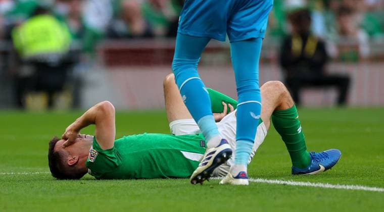 UEFA Nations League Group B2, Aviva Stadium, Dublin 7 9 2024 Republic of Ireland vs England Ireland s Seamus Coleman goes down with an injury Seamus Coleman goes down with an injury 7 9 2024  Copyright: x INPHO JamesxCrombiex JRY14520