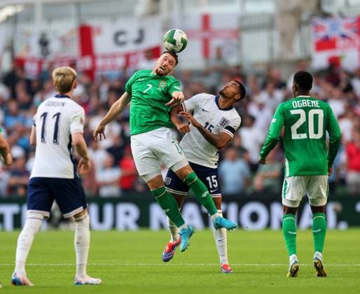 UEFA Nations League Group B2, Aviva Stadium, Dublin 7 9 2024 Republic of Ireland vs England Ireland s Matt Doherty with Levi Colwill of England Matt Doherty with Levi Colwill 7 9 2024  Copyright: x INPHO JamesxCrombiex JRY14248