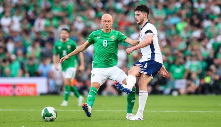 UEFA Nations League Group B2, Aviva Stadium, Dublin 7 9 2024 Republic of Ireland vs England Ireland s Will Smallbone and Declan Rice of England Will Smallbone and Declan Rice 7 9 2024  Copyright: x INPHO RyanxByrnex RB1_3025