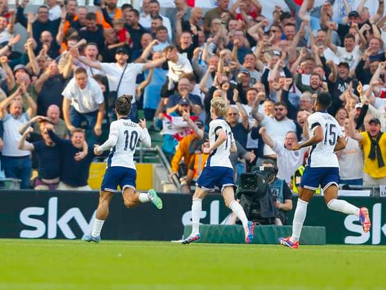 7th September 2024; Aviva Stadium, Dublin, Ireland; Nations League, League B, Group 2 International Football, Republic of Ireland versus England; England celebrates scoring a second goal for 0 - 2 from Grealish in the 26th minute  ActionPlus12690275 PeterxFitzpatrick