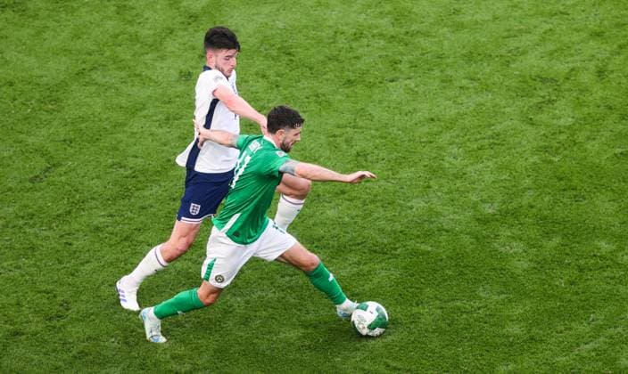 UEFA Nations League Group B2, Aviva Stadium, Dublin 7 9 2024 Republic of Ireland vs England Ireland s Robbie Brady with Declan Rice of England Robbie Brady with Declan Rice 7 9 2024  Copyright: x INPHO BryanxKeanex BI7I9616