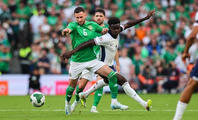 UEFA Nations League Group B2, Aviva Stadium, Dublin 7 9 2024 Republic of Ireland vs England Ireland™s Alan Browne and Bukayo Saka of England Alan Browne and Bukayo Saka 7 9 2024  Copyright: x INPHO RyanxByrnex RB1_4180