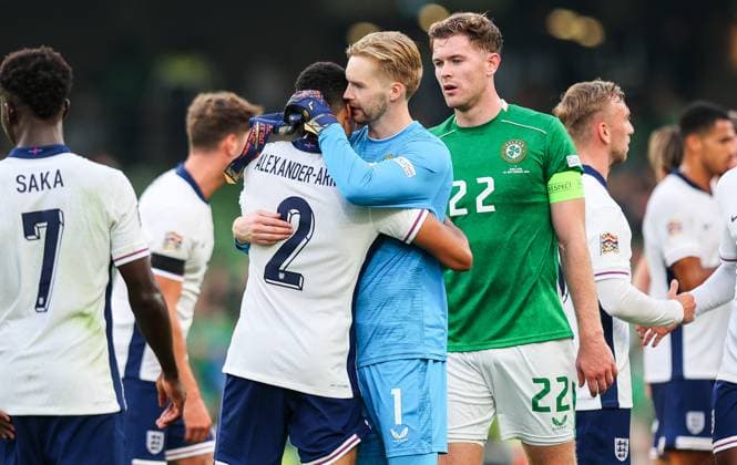 UEFA Nations League Group B2, Aviva Stadium, Dublin 7 9 2024 Republic of Ireland vs England Ireland s Caoimhin Kelleher with Trent Alexander-Arnold of England after the game Caoimhin Kelleher with Trent Alexander-Arnold after the game 7 9 2024  Copyright: x INPHO RyanxByrnex RB1_5130
