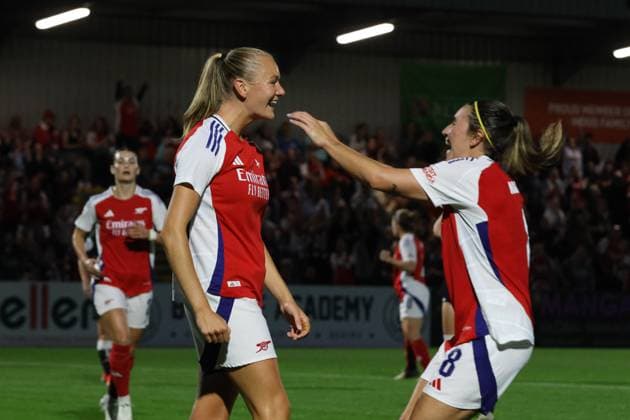 Meadow Park, England, September 7th, 2024: Frida L Maanum (12 Arsenal) celebrating her goal during the UEFA Champions League Round 1 match between Arsenal and Rosenborg at Meadow Park Stadium, Borehamwood, London, England on Saturday 7th September 2024. (Bettina Weissensteiner SPP) Copyright: xBettinaxWeissensteinerx xSPPx spp-en-BeWeSp-D02A8136
