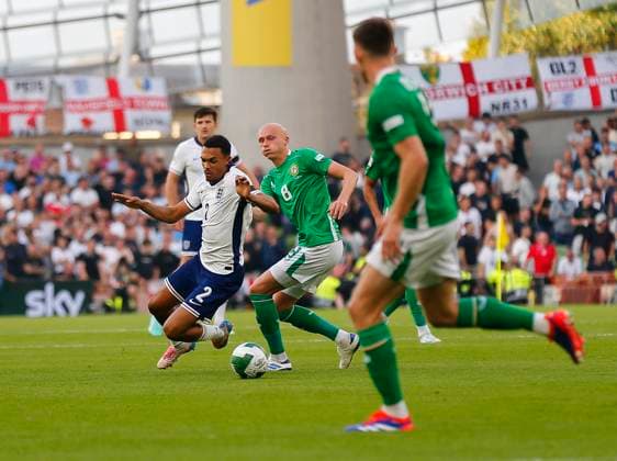 7th September 2024; Aviva Stadium, Dublin, Ireland; Nations League, League B, Group 2 International Football, Republic of Ireland versus England; Trent Alexander-Arnold of England under pressure from Will Smallbone of Ireland  ActionPlus12690449 PeterxFitzpatrick