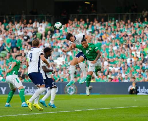 7th September 2024; Aviva Stadium, Dublin, Ireland; Nations League, League B, Group 2 International Football, Republic of Ireland versus England; Adam Idah of Ireland challenges for the ball with Harry Maguire of England  ActionPlus12690450 PeterxFitzpatrick