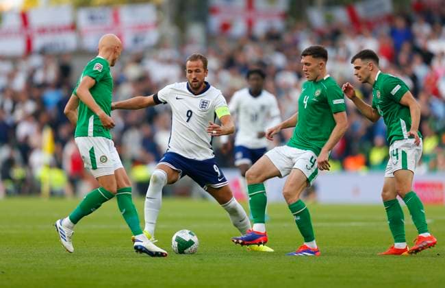 7th September 2024; Aviva Stadium, Dublin, Ireland; Nations League, League B, Group 2 International Football, Republic of Ireland versus England; Harry Kane (c) of England tries to get through the defense  ActionPlus12690467 PeterxFitzpatrick