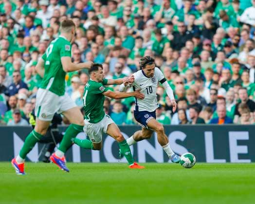 7th September 2024; Aviva Stadium, Dublin, Ireland; Nations League, League B, Group 2 International Football, Republic of Ireland versus England; Jack Grealish of England tries to make a break down the left side but is held up  ActionPlus12690472 PeterxFitzpatrick