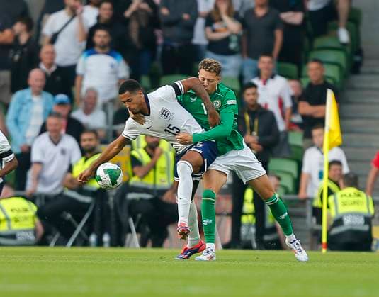 7th September 2024; Aviva Stadium, Dublin, Ireland; Nations League, League B, Group 2 International Football, Republic of Ireland versus England; Levi Colwill of England under pressure from Kasey McAteer of Ireland  ActionPlus12690487 PeterxFitzpatrick