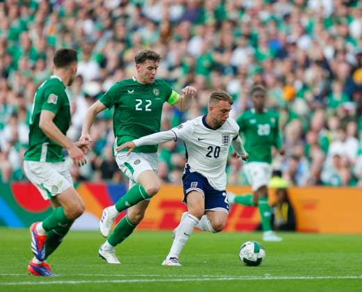 7th September 2024; Aviva Stadium, Dublin, Ireland; Nations League, League B, Group 2 International Football, Republic of Ireland versus England; Jarrod Bowen of England makes a run with the ball surrounded by Irish defenders  ActionPlus12690489 PeterxFitzpatrick