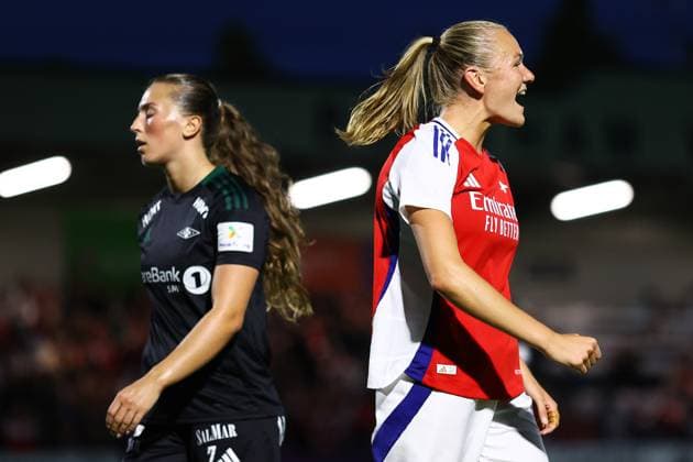 Arsenal v Rosenborg 07 September 2024, London - UEFA Women s Champions League Qualifier - Arsenal v Rosenborg - Frida Maanum of Arsenal celebrates their first goal - Photo: Jacques Feeney Offside. London UK Copyright: xJacquesxFeeneyx xOffsidexOffside