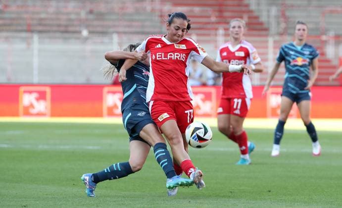 Lou Ann Joly, Athanasia Moraitou Zweikampf Spielszene Aktion Fußball Fussball Damen DFB Pokal 2.Runde Saison 2024 2025 08.09.2024 1.FC Union Berlin vs. RB Leipzig RBL DFL regulations prohibit any use of photographs as image sequences and or quasi-video