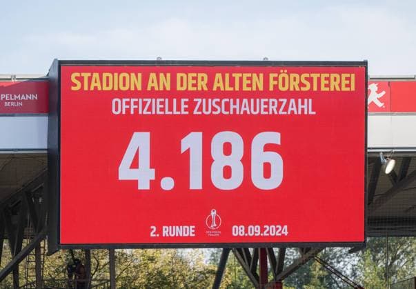 Fußball, Frauen, Saison 2024 2025, DFB-Pokal (2. Runde), 1. FC Union Berlin - RB Leipzig, Anzeigetafel mit Zuschauerzahl 4186, 08.09. 2024, Copyright: xMatthiasxKochx