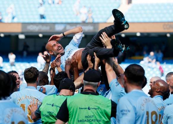 Manchester City v Huddersfield - Premier League - Etihad Stadium May 6, 2018 - Manchester, United Kingdom - Manchester City s Pep Guardiola celebrates during the premier league match at Etihad Stadium, Manchester. Picture date 5th May 2018. Picture credit should read: David Klein Sportimage Manchester United Kingdom EDITORIAL USE ONLY Copyright: xx ZUMA-20180506_zaf_si1_017.jpg DavidxKleinx csmphototwo394055