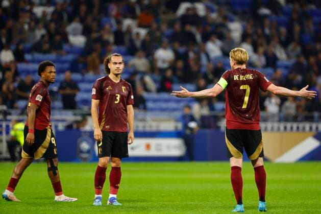 France v Belgium - UEFA Nations League LYON, FRANCE - SEPTEMBER 09 : Openda Lois forward of Belgium, Theate Arthur defender of Belgium and De Bruyne Kevin forward of Belgium pictured during the UEFA Nations League match in group A2 between France and Belgium on September 9, 2024 in Lyon, France, 09 09 2024 Lyon France  Copyright: xJanxDexMeuleneirx