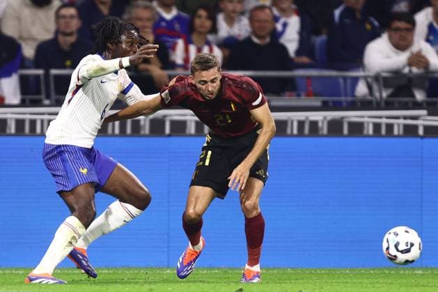 France v Belgium - UEFA Nations League LYON, FRANCE - SEPTEMBER 09 : Kone Manu midfielder of France battles for possession with Castagne Timothy defender of Belgium during the UEFA Nations League match in group A2 between France and Belgium on September 9, 2024 in Lyon, France, 09 09 2024 Lyon France  Copyright: xTomasxSiskx