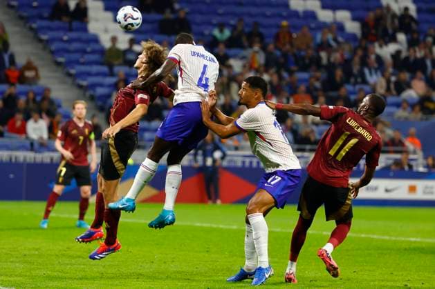 France v Belgium - UEFA Nations League LYON, FRANCE - SEPTEMBER 09 : Faes Wout defender of Belgium, Upamecano Dayot defender of France, Saliba William defender of France and Lukebakio Dodi forward of Belgium during the UEFA Nations League match in group A2 between France and Belgium on September 9, 2024 in Lyon, France, 09 09 2024 Lyon France  Copyright: xJanxDexMeuleneirx
