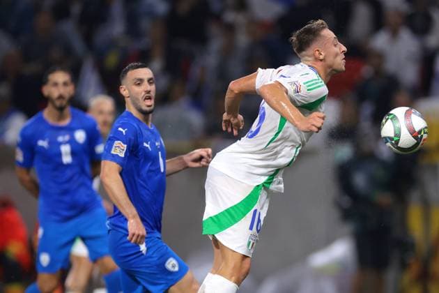 Budapest, Hungary, 9th September 2024. Neta Lavi of Israel looks on as Davide Frattesi of Italy chests the ball into the net to give the visitors a 1-0 lead during the UEFA Nations League match at Bozsik Arena, Budapest. Picture credit should read: Jonathan Moscrop Sportimage EDITORIAL USE ONLY. No use with unauthorised audio, video, data, fixture lists, club league logos or live services. Online in-match use limited to 120 images, no video emulation. No use in betting, games or single club league player publications. SPI-3292-0021