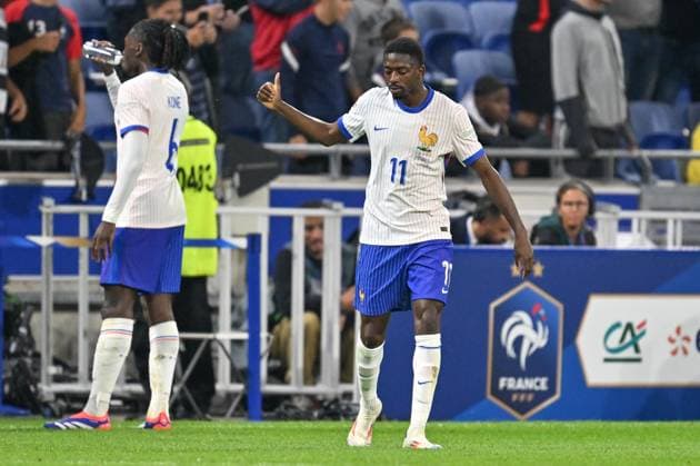 240909 UEFA NATIONS LEAGUE A2 - D2 FRANCE VS BELGIUM Ousmane Dembele (11) of France celebrating with teammates after scoring the 2-0 goal during a soccer game between the national teams of France, called les Bleus and Belgium, called the Red Devils in the Second game in group A2 in the UEFA Nations League , on Monday 9 September 2024 in Lyon , France . photo isosport David Catry LYON FRANCE  Copyright: xx 479993