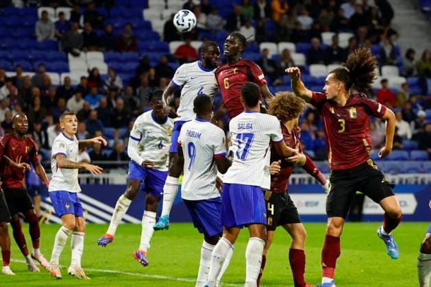 France v Belgium - UEFA Nations League LYON, FRANCE - SEPTEMBER 09 : Upamecano Dayot defender of France battles for the ball with Onana Amadou midfielder of Belgium during the UEFA Nations League match in group A2 between France and Belgium on September 9, 2024 in Lyon, France, 09 09 2024 Lyon France  Copyright: xJanxDexMeuleneirx