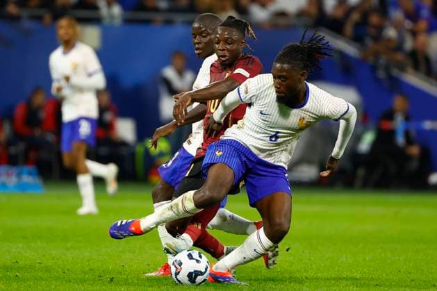 France v Belgium - UEFA Nations League LYON, FRANCE - SEPTEMBER 09 : Kone Manu midfielder of France battles for the ball with Doku Jeremy forward of Belgium during the UEFA Nations League match in group A2 between France and Belgium on September 9, 2024 in Lyon, France, 09 09 2024 Lyon France  Copyright: xJanxDexMeuleneirx