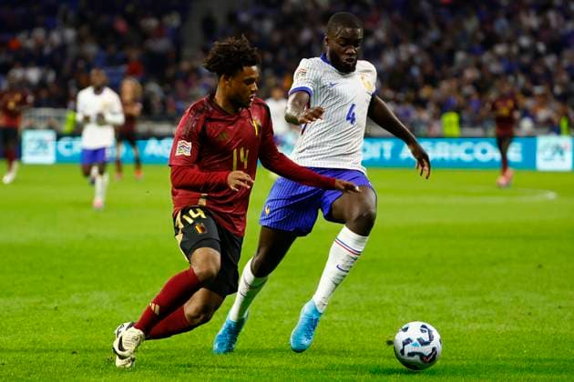 France v Belgium - UEFA Nations League LYON, FRANCE - SEPTEMBER 09 : Upamecano Dayot defender of France battles for possession with Duranville Julien forward of Belgium during the UEFA Nations League match in group A2 between France and Belgium on September 9, 2024 in Lyon, France, 09 09 2024 Lyon France  Copyright: xJanxDexMeuleneirx