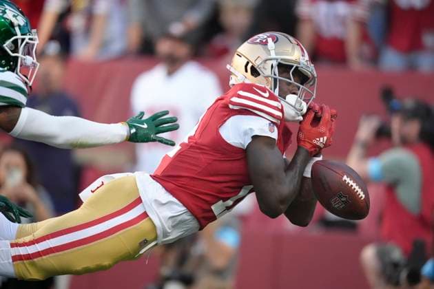 Sport Themen der Woche KW37 Sport Bilder des Tages September 9, 2024, Santa Clara, Calif, USA: NFL, American Football Herren, USA 2024: 49ers vs Jets: San Francisco 49ers wide receiver Brandon Aiyuk (11) misses a touchdown catch in the first half at Levi s Stadium. Santa Clara USA - ZUMAk13_ 20240909_zap_k13_015 Copyright: xPaulxKurodax