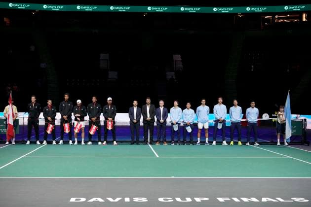 10th September 2024; AO Arena, Manchester, England; Davis Cup Finals, Group Stage, Group D Day 1; Canada and Argentina teams await their national anthems before their match commences  ActionPlus12691024 StevenxFlynn
