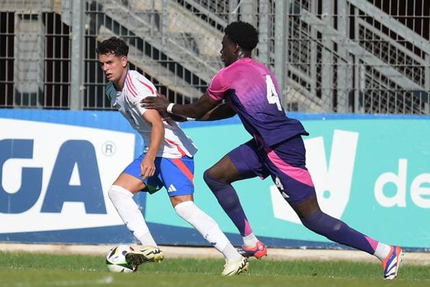 Rieti: Italia s U20 Giulio Misitano in action against Germany s U20 Joshua Quarshie during the match Elite League Italy U20 - Germany U20 at the Manlio Scopigno stadium in Rieti, Italy on september 10, 2024 - Altro - Elite League Under 20 - Italy vs Germany  - ZUMAp169 20240910_zsa_p169_025 Copyright: xGianlucaxVannicelli IPAxSportx