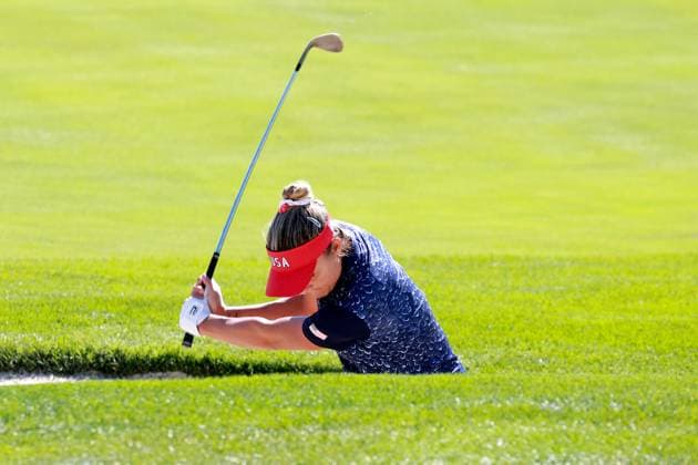 GAINESVILLE, VA - SEPTEMBER 10: Team USA golfer Lexi Thompson hits a shot out of the sand on the 14th hole during the first day of practice for the 2024 Solheim Cup at Robert Trent Jones Golf Club at Gainesville, Virginia (Photo by Brian Spurlock Icon Sportswire) GOLF: SEP 10 LPGA, Golf Damen Solheim Cup EDITORIAL USE ONLY Icon2409105