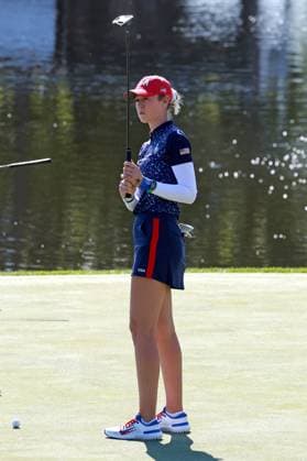 GAINESVILLE, VA - SEPTEMBER 10: Team USA golfer Nelly Korda putts on the 14th hole during the first day of practice for the 2024 Solheim Cup at Robert Trent Jones Golf Club at Gainesville, Virginia. (Photo by Brian Spurlock Icon Sportswire) GOLF: SEP 10 LPGA, Golf Damen Solheim Cup EDITORIAL USE ONLY Icon24091010