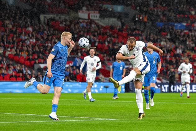 England v Finland UEFA Nations League 10 09 2024. Harry Kane (9) of England shoots towards the goal during the UEFA Nations League match between England and Finland at Wembley Stadium, London, England on 10 September 2024. Editorial use only , Copyright: xNigelxKeenex PSI-20385-0009