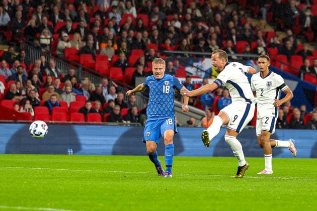 England v Finland UEFA Nations League 10 09 2024. Harry Kane (9) of England shoots towards the goal during the UEFA Nations League match between England and Finland at Wembley Stadium, London, England on 10 September 2024. Editorial use only , Copyright: xNigelxKeenex PSI-20385-0012