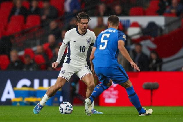 UEFA Nations League - League B - Group 2 England v Finland Jack Grealish of England takes on Arttu Hoskonen of Finland during the UEFA Nations League - League B - Group 2 England v Finland at Wembley Stadium, London, United Kingdom, 10th September 2024 (Photo by Gareth Evans News Images) Copyright: xGarethxEvans NewsxImagesx