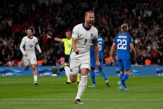 Harry Kane of England celebrates as he scores on his 100th England Cap England v Finland, Football, UEFA Nations League, Wembley Stadium, Wembley, London, UK - 10 09 2024 Editorial use only  Copyright: xAnthonyxHanc Shutterstockx 14710566f