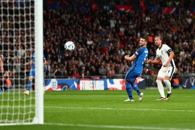10th September 2024; Wembley Stadium, London, England; Nations League, League B, Group 2 International Football, England versus Finland; Harry Kane of England shoots and scores for 2-0 in the 76th minute  ActionPlus12691236 ShaunxBrooks