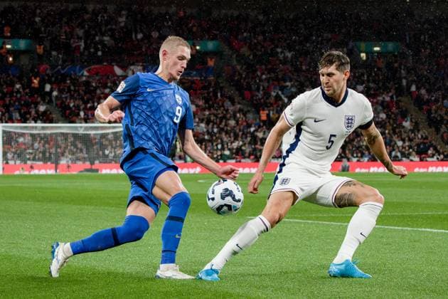 London, England, September 10 2024: Fredrik Jensen (9 Finland) and John Stones (5 England) in action during the UEFA Nations League game between England and Finland at Wembley Stadium in London, England. (Pedro Porru SPP) Copyright: xPedroxPorrux xSPPx spp-en-PePoSp-4F8A2305_DxO