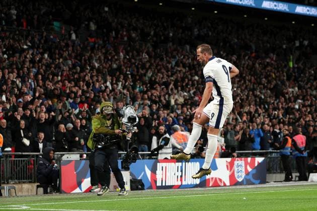 England v Finland, London, UK - 10 Sept 2024 Goal celebration for Harry Kane, Captain of England during the UEFA Nations League match between England and Finland at Wembley Stadium, London on 10 September 2024 ( London Wembley Stadium England Copyright: xGeorgexBeck PPAUKx PPA-134531