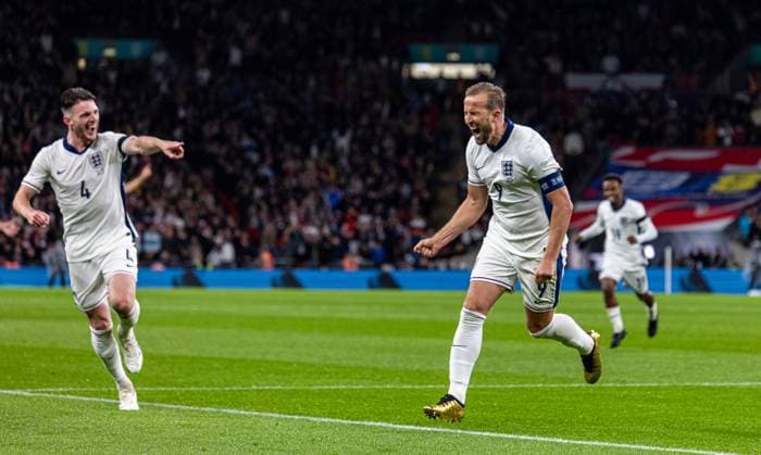 Football - UEFA Nations League - League B Group B2 - England v Finland LONDON, ENGLAND - Tuesday, September 10, 2024: England s captain Harry Kane celebrates after scoring the opening goal, his 67th on his 100th appearance, during the UEFA Nations League League B Group B2 game between England and Finland at Wembley Stadium. England won 2-0. (Photo by David Rawcliffe Propaganda) LONDON Wembley Stadium GREATER LONDON ENGLAND  Copyright: xDavidxRawcliffex P2024-09-10-England_Finland-8